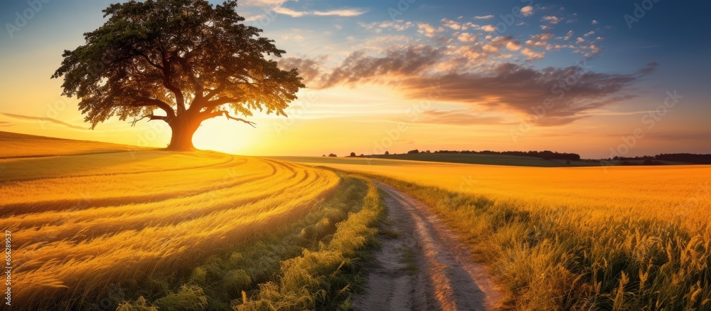 Sunset on Dutch countryside with wheat field and old oak track