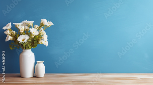 Wooden table with vase with bouquet of flowers
