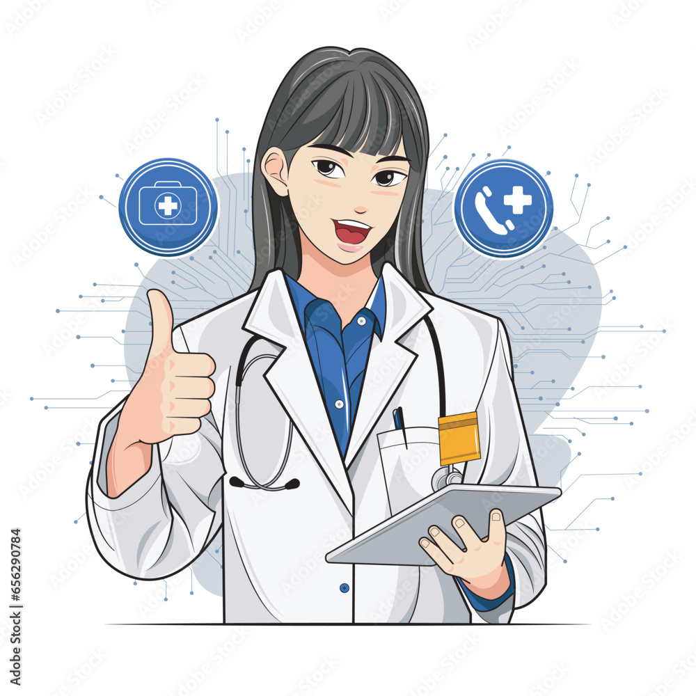 A female doctor signals OK using a futuristic digital medical interface. Vector illustration A female doctor signals OK using a futuristic digital medical interface. Vector illustration