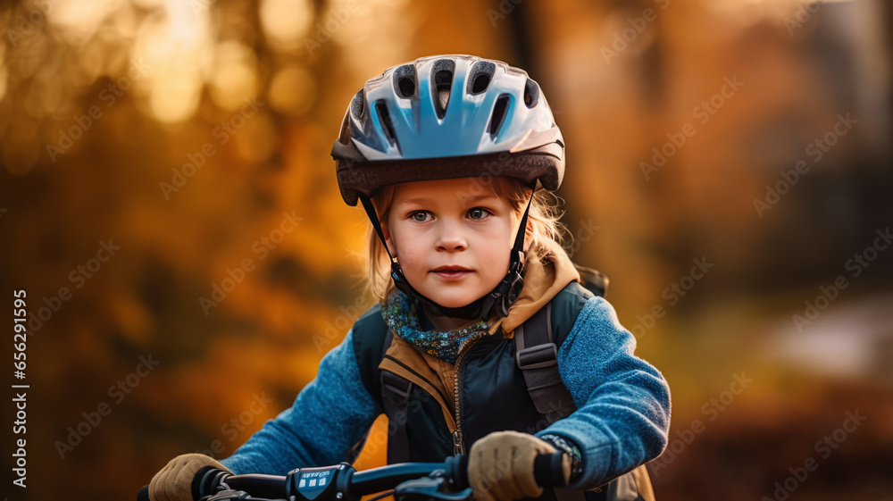 A child boy in bicycle helmet riding a bicycle for the first time.generative ai A child boy in bicycle helmet riding a bicycle for the first time.generative ai