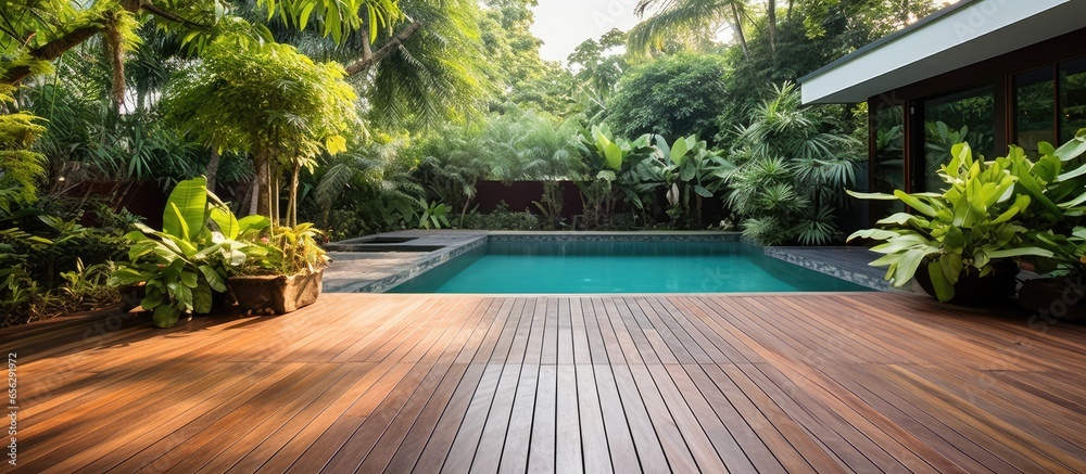 Wooden floor swimming pool in backyard