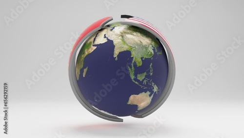 Loop 3d animation of planet Earth and rotating arrows with flags of the USA and China. The idea of fighting for world domination and economic influence. The confrontation between East and West