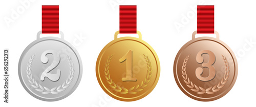 Medals set in Gold, Silver and Bronze colour. Competition trophy illustration. Metal award badge with first, second and third achievement.