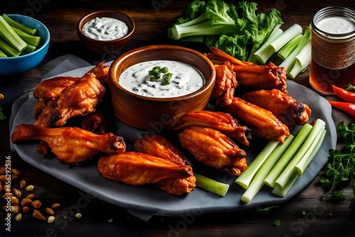 A tray of spicily dressed blue cheese-topped celery sticks and buffalo wings 
