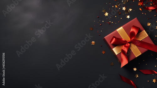 christmas gift box with stars top view on dark background. generated by ai.