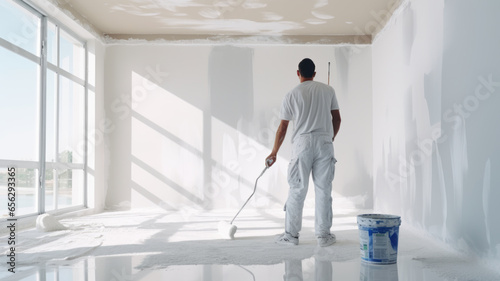 Asian painter male worker paints a wall with a paint roller Repainting the walls inside the house,generative ai photo