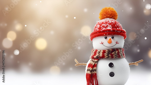 smiling snow man with red hat on blur background. generated by ai © Yohan