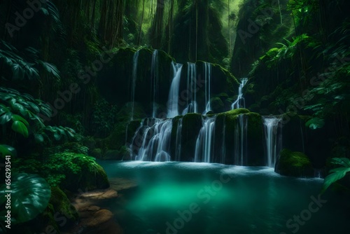 In a lush, verdant jungle, a peaceful waterfall.