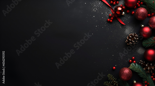 christmas background with red balls and ribbons. generated by ai