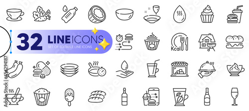 Outline set of Hamburger, Pasta and Espresso line icons for web with Water care, Food delivery, Overeating pills thin icon. Cupcake, Food order, Brandy bottle pictogram icon. Ice cream. Vector