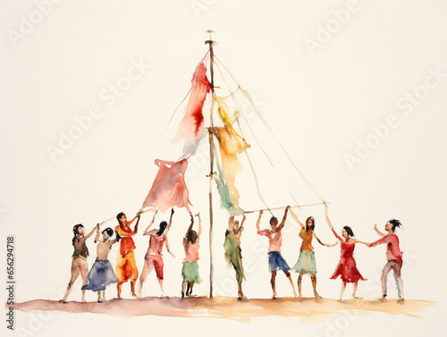 A Minimal Watercolor of Friends Dancing Around a Makeshift Maypole