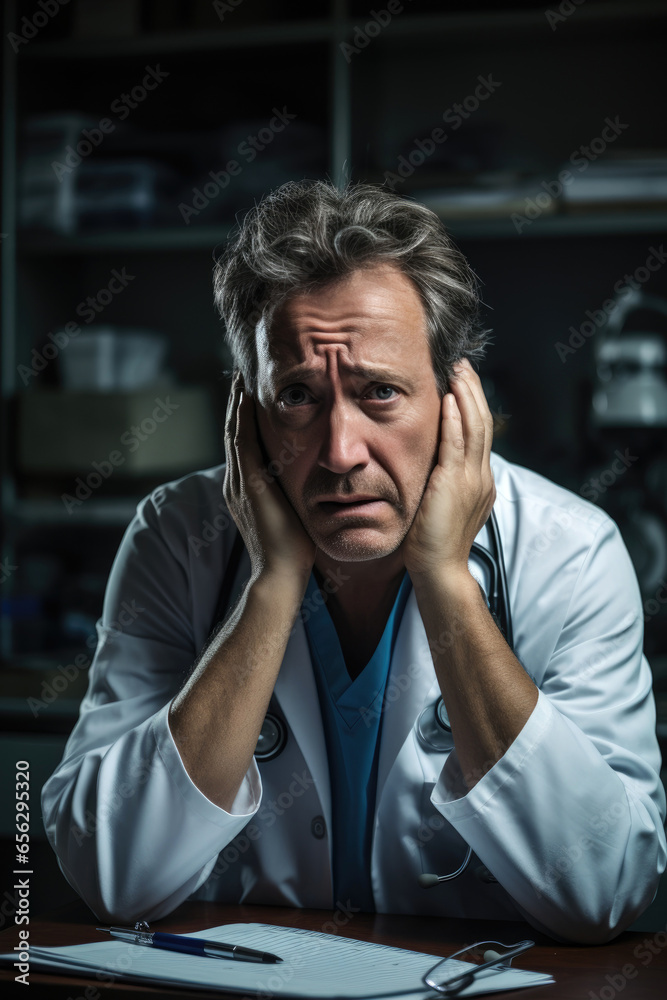 Stressed doctor man in the clinic under pressure. Generative AI Stressed doctor man in the clinic under pressure. Generative AI