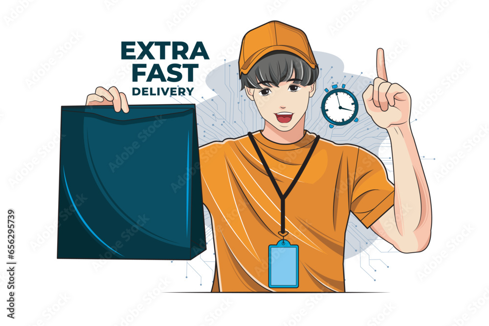 Online shopping and extra fast delivery. Delivery employee hold paper bag. Vector illustration Online shopping and extra fast delivery. Delivery employee hold paper bag. Vector illustration