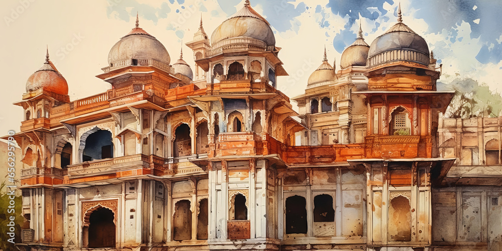 watercolor painting India See buildings and places as landmarks,generative ai