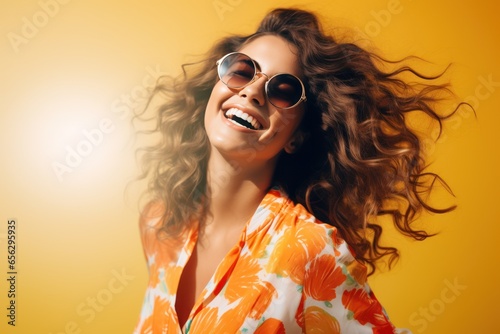 Tanned American girl with stylish haircut poses, looking at camera with smile. Portrait of joyful lady in summer outfit. © radekcho