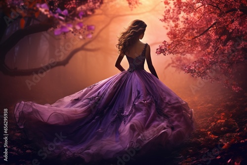 Art photo young beauty woman queen. autumn purple mystic tree. fantasy entrance world magic divine glowing in dark deep forest