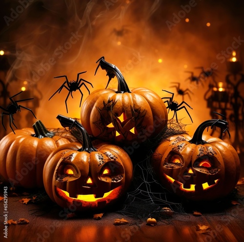 Halloween pumpkin theme background witb spifer and smoke filled around it  photo