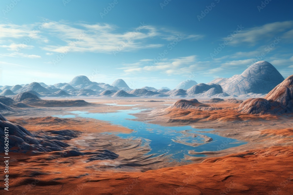 A panoramic view of a vast, terraformed Martian landscape, with flowing rivers and a blue sky, reminiscent of Earth.