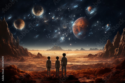 A group of children on Mars, looking up at the night sky filled with twinkling stars and dreaming of a bright Martian future.