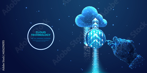 Abstract hand with magnifying glass and digital cloud, arrows up and down. Data analysis concept. Cloud computing technology. Low poly wireframe vector illustration in futuristic hologram blue style.