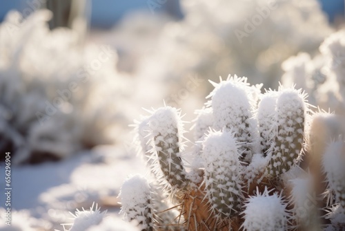 A desert cactus covered in snow, contrasting the arid surroundings with its frosty coat.