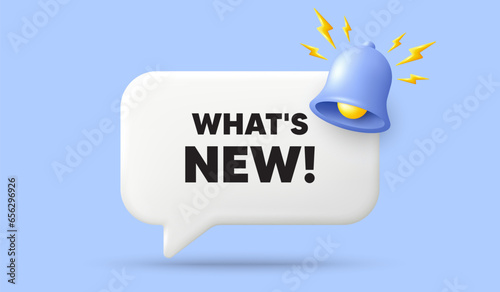 Whats new tag. 3d speech bubble banner with bell. Special offer sign. New arrivals symbol. Whats new chat speech message. 3d offer talk box. Vector