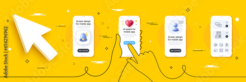 Calendar, Dots message and Cogwheel line icons pack. Phone screen mockup with 3d alert bell, health and headshot. Bitcoin project, Dollar exchange, Biometric security web icon. Vector