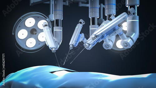 Canvastavla Robotic assisted surgery machine with dummy patient in operating room