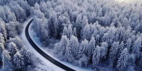 Aerial view of a winter snow-covered road with Serpentine Switchbacks in a forest.generative ai