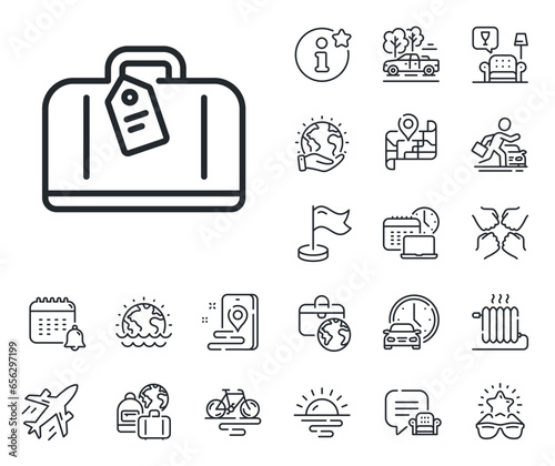 Airplane luggage sign. Plane jet, travel map and baggage claim outline icons. Airport hand baggage reclaim line icon. Flight checked bag symbol. Hand baggage line sign. Vector