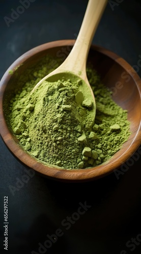 Green powder in the bowl with wooden spoon