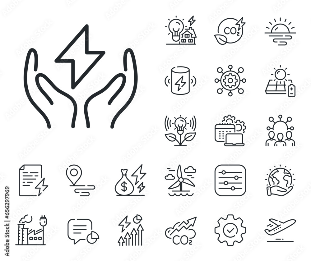 Thunderbolt sign. Energy, Co2 exhaust and solar panel outline icons. Safe energy line icon. Electric power symbol. Safe energy line sign. Eco electric or wind power icon. Green planet. Vector