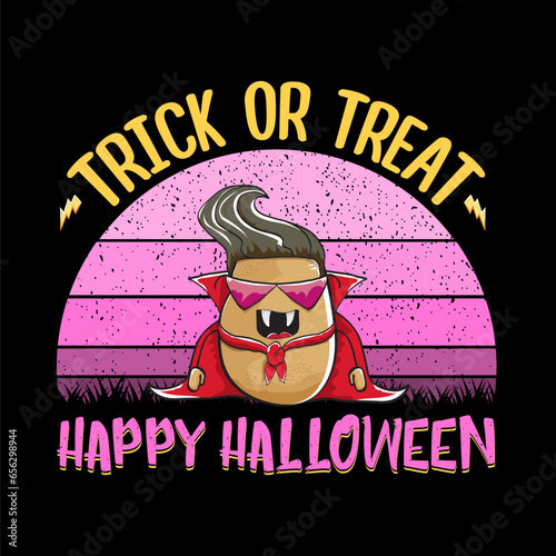 Happy Halloween banner background with vector cartoon Dracula potato with fangs and red cape isolated on white background. Funny cute vampire monster vegetable funky Halloween character