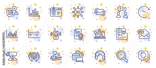 Outline set of Teamwork questions, Web3 and Column diagram line icons for web app. Include Court judge, Cyber attack, Binary code pictogram icons. Line graph, Receive mail, Consulting signs. Vector