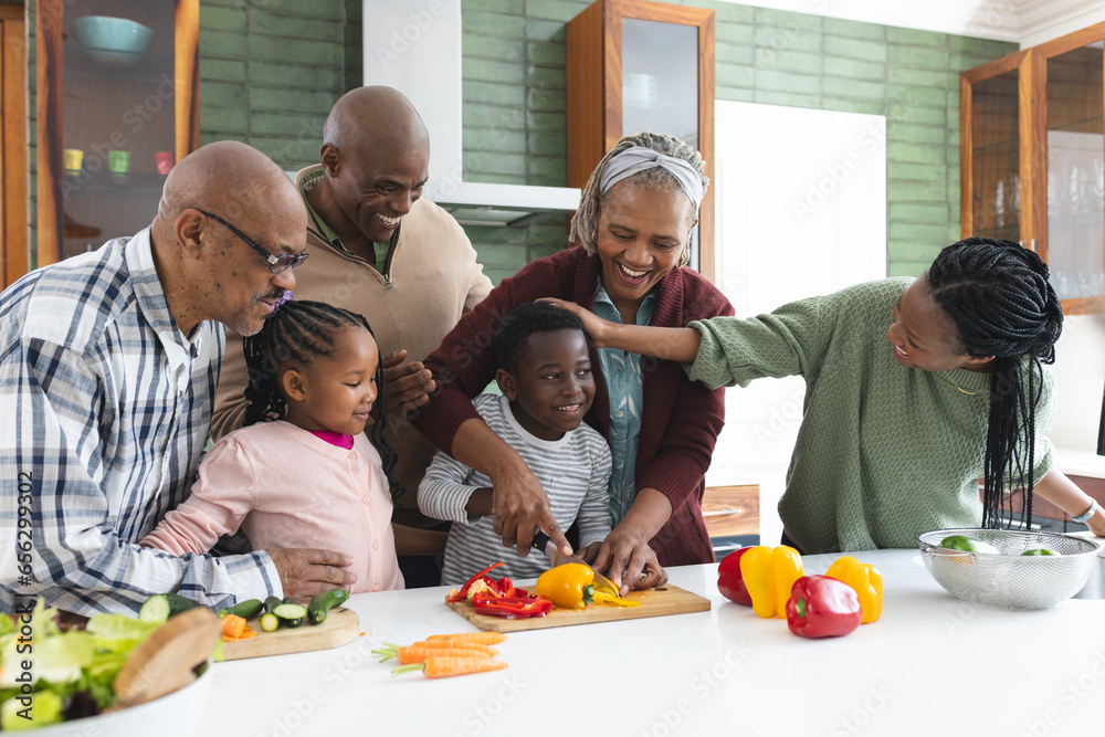 Happy african american multi generation family chopping vegetables in kitchen, slow motion Happy african american multi generation family chopping vegetables in kitchen, slow motion