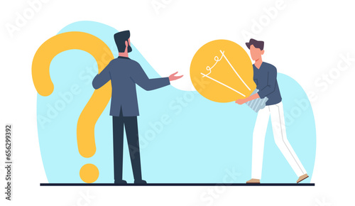 Asking question and getting answer, solving problem and finding solution. Man hold huge light blub. FAQ service. Businessman ask for reply or idea. Cartoon flat isolated vector concept