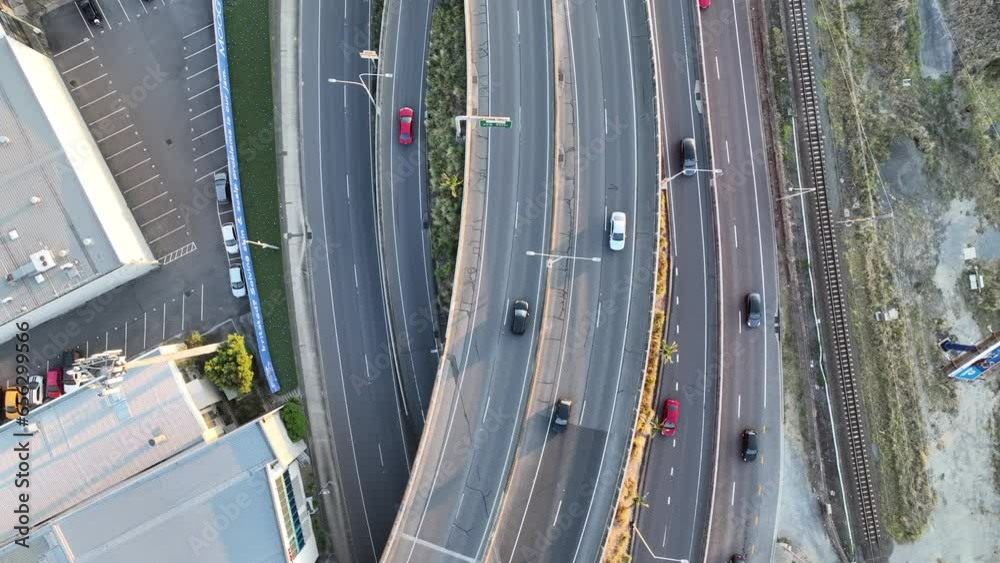 Top down shot from above Brisbane City's ICB inner city bypass and ...