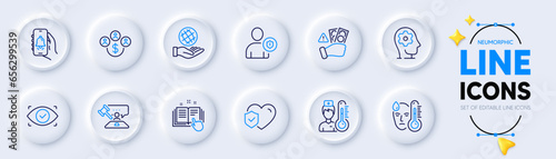Safe planet, Security and Fraud line icons for web app. Pack of Buying currency, Biometric eye, Brain working pictogram icons. Bell alert, Technical documentation, Thermometer signs. Vector