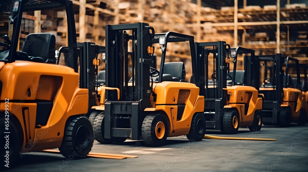 Background of a lot of forklifts, reliable heavy loader, truck