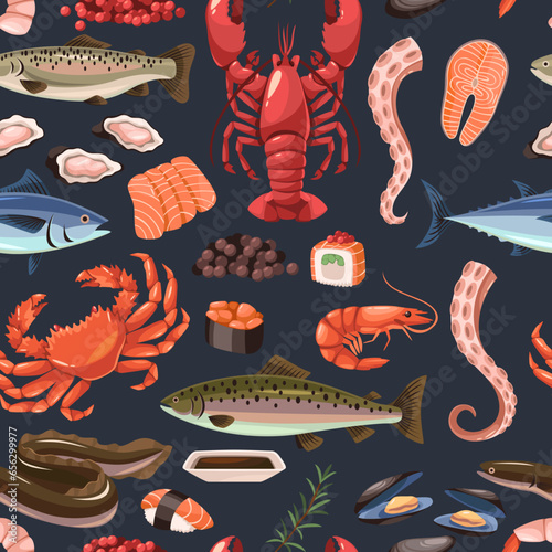 Cartoon sea food seamless pattern. Fresh restaurant delicacies, restaurant menu product fish, caviar, shrimp and lobster. Decor textile, wrapping paper, wallpaper design. Tidy vector