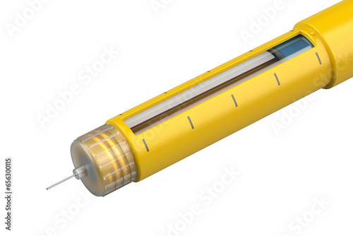 Close up of yellow insulin pen on transparent background photo