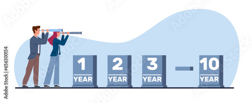 Concept of long range planning, businessmen look through telescope to see future of project. Successful vision, searching goals, ambition and motivation. Vector cartoon flat illustration