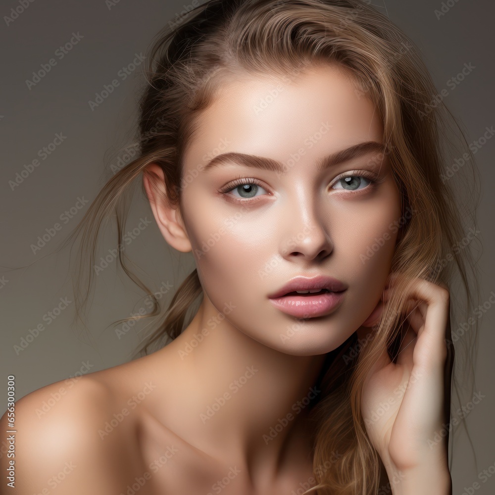 Beautiful face of young caucasian woman with perfect health skin - over grey background. Skin care concept. Female Model touches face. Beautiful face of young caucasian woman with perfect health skin - over grey background. Skin care concept. Female Model touches face.
