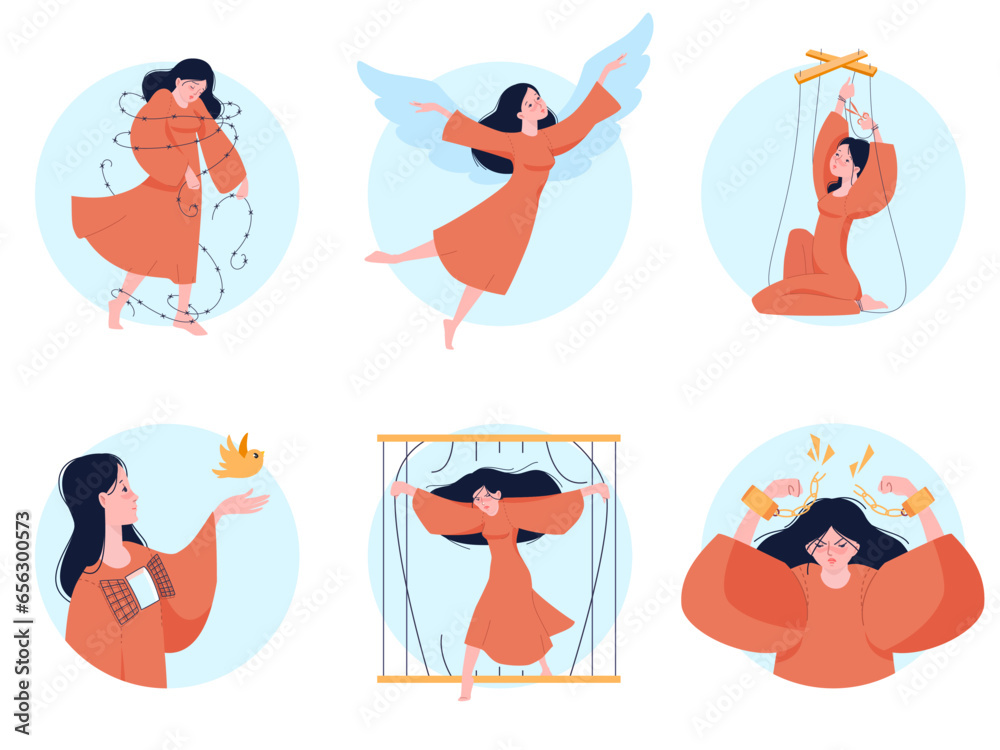 Freedom concept scenes. Pretty girl in light dress, released woman, cartoon cute character, breaking chains, releasing from cage, prison escape. Independence and liberty symbol. Vector set Freedom concept scenes. Pretty girl in light dress, released woman, cartoon cute character, breaking chains, releasing from cage, prison escape. Independence and liberty symbol. Vector set