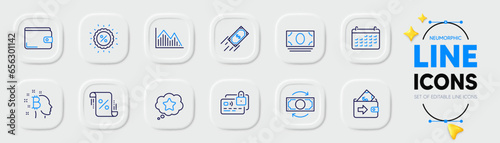 Change money, Investment graph and Calendar line icons for web app. Pack of Money wallet, Loyalty star, Wallet pictogram icons. Card, Discount, Bitcoin think signs. Loan percent, Fast payment. Vector