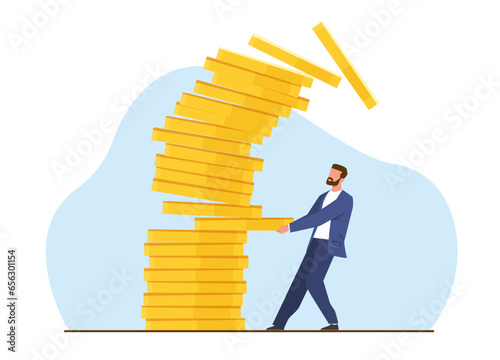 Investment risk, mistake due to greed in decision making, businessman pulls gold coin out of falling pile. Market volatility, unstable and uncertainty. Cartoon flat isolated vector concept