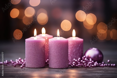 Purple Candles With Soft Blurry Lights And Glittering. AI generated
