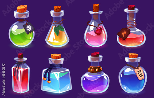 Potion bottles. Magic alchemist elixirs, different forms vials, various colors liquid. Game interface objects, fantasy jar with luck and love, glass jars, gui design elements tidy vector set