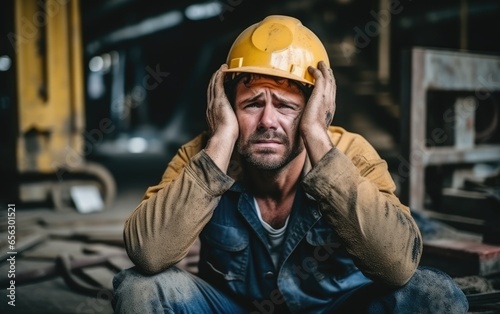 Stressed construction worker at a construction site under pressure. Generative IA