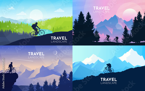 Mountain bike. People riding at mountain bike, climbing. Mountains landscapes set. Travel concept of discovering nature. Cycling. Adventure tourism. Minimalist graphic flyers. Vector illustration
